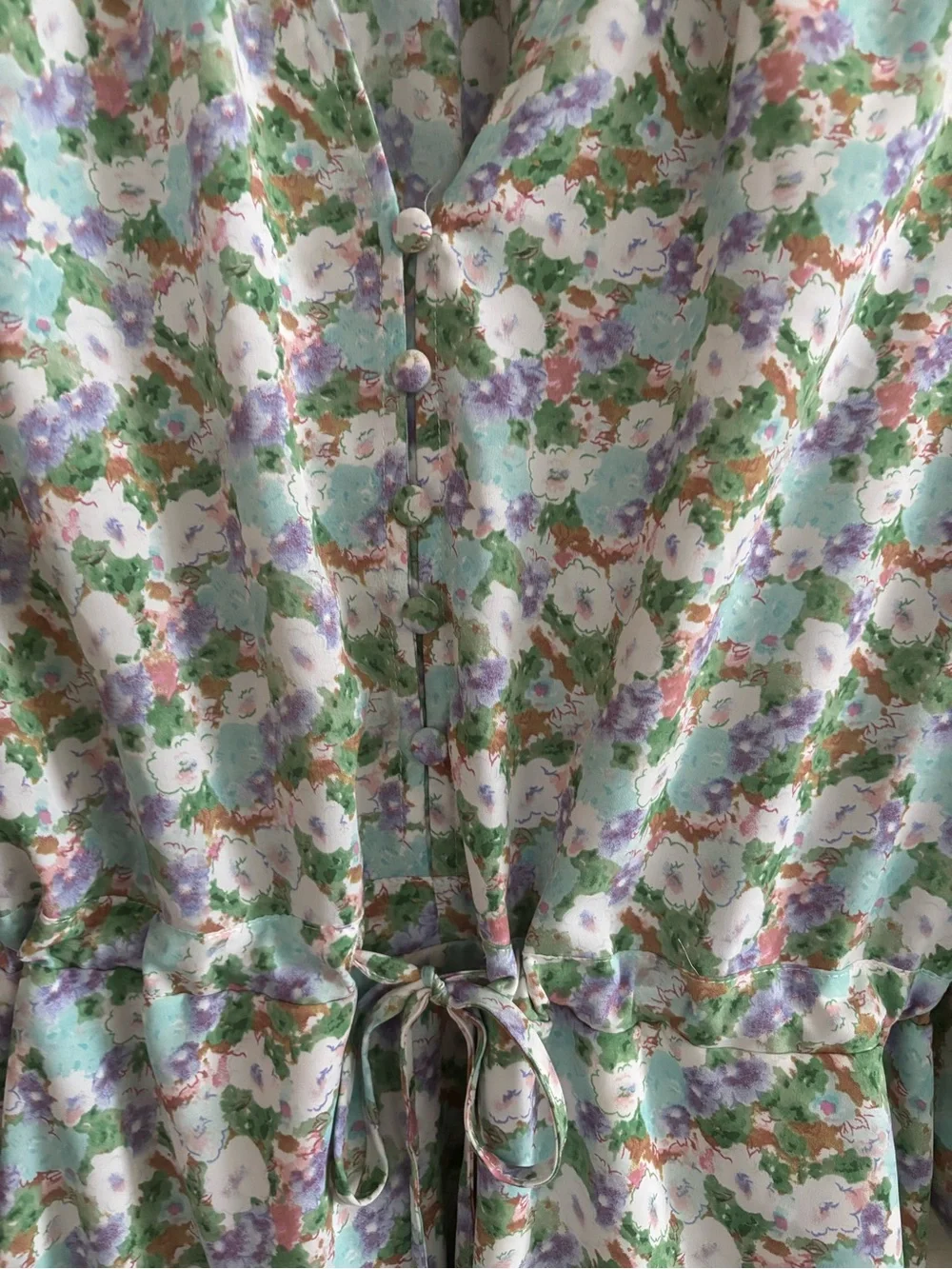 entro Pastel Floral Ruffle Tie-Waist Mini Dress in Green, Lavender, Pink